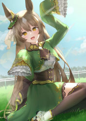 Rule 34 | 1girl, :d, absurdres, animal ears, arms up, black thighhighs, blue sky, blush, brown hair, commentary request, dress, ear ornament, frilled dress, frilled sleeves, frills, green dress, hair between eyes, highres, horse ears, horse girl, long hair, looking at viewer, multicolored hair, on grass, on ground, open mouth, outdoors, sasahara kugui, satono diamond (umamusume), sitting, sky, sleeves past fingers, sleeves past wrists, smile, solo, streaked hair, thighhighs, umamusume, very long hair, white footwear, white hair, yellow eyes, yokozuwari