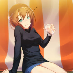 Rule 34 | 10s, 1girl, :3, arm at side, arm support, bad id, bad pixiv id, black sweater, blue skirt, blush, breasts, brown hair, closed mouth, cup, drink, drinking glass, eyebrows, eyelashes, flying witch, highres, holding, holding cup, holding drinking glass, inukai (flying witch), large breasts, long sleeves, looking at viewer, miniskirt, short hair, sitting, skirt, smile, solo, striped, sweater, takeda yukimura, turtleneck, yokozuwari