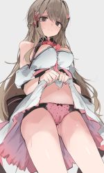 Rule 34 | 1girl, blush, braid, breasts, brown eyes, brown hair, cleavage, closed mouth, clothes lift, dress, dress lift, grey background, hair ornament, highres, indie virtual youtuber, kusunoki shio, large breasts, lifted by self, looking at viewer, mikozin, navel, panties, pink panties, polka dot, polka dot panties, pussy juice, simple background, solo, standing, sweat, sweatdrop, underwear, virtual youtuber, white dress