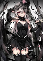 Rule 34 | 1girl, absurdres, bare shoulders, black dress, black thighhighs, blush, detached sleeves, dress, feathers, garter straps, grey hair, hat, highres, long hair, original, purple eyes, sleeves past wrists, smile, solo, thighhighs, toshizou (0714), veil, wings