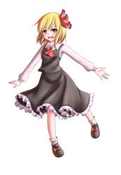 Rule 34 | 1girl, absurdres, blonde hair, blouse, dior-zi, fang, frilled skirt, frills, full body, hair ribbon, highres, open mouth, outstretched arms, red eyes, ribbon, rumia, shirt, short hair, skirt, smile, solo, spread arms, touhou, transparent background, vest