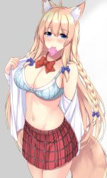 Rule 34 | 1girl, ahoge, animal ears, blonde hair, blue bra, blue eyes, bow, bowtie, bra, braid, breasts, cleavage, condom, condom in mouth, condom wrapper, cowboy shot, fox ears, fox girl, fox tail, highres, large breasts, long hair, looking at viewer, miniskirt, mouth hold, navel, off shoulder, open clothes, open shirt, original, plaid, plaid skirt, pleated skirt, red skirt, shirt, skirt, sogaya, solo, stomach, tail, underwear, undressing, very long hair, white shirt