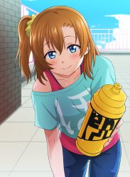 Rule 34 | 1girl, asymmetrical bangs, blue eyes, blue pants, blue shirt, blush, bottle, brick wall, clothes writing, cloud, day, fence, foreshortening, hair ornament, hair scrunchie, highres, holding, holding bottle, kosaka honoka, leaning forward, looking at viewer, love live!, love live! school idol festival, love live! school idol project, off shoulder, offering drink, omaehadareda-uso, one side up, orange hair, pants, red shirt, rooftop, scrunchie, shirt, sky, smile, solo, sweat, tile floor, tiles, undershirt, water bottle, yellow scrunchie