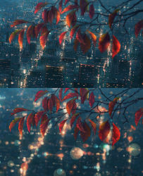 Rule 34 | autumn leaves, blurry, blurry background, blurry foreground, building, city, cityscape, cola (gotouryouta), commentary request, depth of field, highres, light, night, no humans, original, paid reward available, plant, scenery, skyline