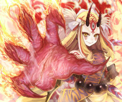 Rule 34 | 1girl, bad id, bad pixiv id, blonde hair, earrings, fate/grand order, fate (series), fire, horns, ibaraki douji (fate), isshi pyuma, japanese clothes, jewelry, kimono, long hair, looking at viewer, oni, pointy ears, smile, solo