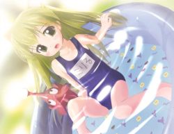 Rule 34 | 1girl, child, green eyes, green hair, long hair, looking at viewer, name tag, open mouth, school swimsuit, sitting, solo, swimsuit, tagme, wading pool, water