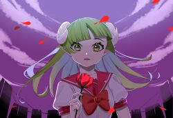 Rule 34 | 1girl, absurdres, babyls school uniform, barbed wire, bow, bowtie, commentary, curled horns, demon girl, demon horns, flower, green eyes, green hair, highres, holding, holding flower, horns, long hair, looking at viewer, mairimashita! iruma-kun, open mouth, outdoors, petals, pointy ears, purple sky, red bow, red bowtie, school uniform, serafuku, shirt, short sleeves, sky, symbol-only commentary, upper body, usaginiku0630, valac clara, white shirt, wind