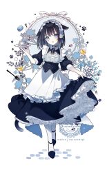 Rule 34 | 1girl, :d, apron, black dress, blue eyes, blush, brown hair, choppy bangs, cup, dress, frilled apron, frills, full body, highres, holding, holding plate, long sleeves, looking at viewer, maid, maid day, maid headdress, mirror, open mouth, original, pantyhose, petticoat, plate, saucer, short hair, simple background, skirt hold, smile, solo, teacup, white apron, white background, white pantyhose, yuzuyomogi