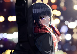 Rule 34 | 1girl, absurdres, black hair, black jacket, blunt bangs, blurry, blurry background, blush, box, closed mouth, commentary request, depth of field, fang, fang out, fringe trim, from behind, gift, gift box, hand up, highres, holding, holding gift, instrument case, jacket, looking at viewer, looking back, original, plaid, plaid scarf, purple eyes, red scarf, scarf, smile, solo, the cold