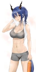 Rule 34 | 1girl, absurdres, arknights, blue hair, bottle, breasts, ch&#039;en (arknights), cleavage, collarbone, commentary request, dragon horns, dragon tail, grey shorts, highres, holding, holding bottle, horns, long hair, navel, nepu ka, partial commentary, ponytail, red eyes, shorts, simple background, solo, sports bra, sweat, tail, white background