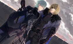 Rule 34 | 2boys, aged up, aqua eyes, arm at side, armor, bad shadow, belt, black cape, black gloves, blonde hair, blood, blue cape, blue eyes, byleth (fire emblem), byleth (male) (fire emblem), cape, clenched hand, cloud, dimitri alexandre blaiddyd, dutch angle, eyepatch, fire emblem, fire emblem: three houses, fur trim, gloves, grey eyes, highres, holding, holding polearm, holding spear, holding sword, holding weapon, long hair, looking at another, male focus, marukin, multiple boys, nintendo, outdoors, polearm, shadow, spear, standing, sword, weapon