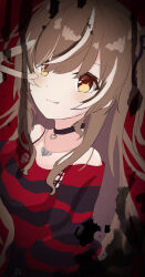 Rule 34 | 1girl, arm at side, bare shoulders, black choker, black sweater, blush, brown eyes, brown hair, choker, closed mouth, dot nose, dripping, from side, hand up, highres, hololive, hololive english, hoshikazemaki, jewelry, lace-trimmed choker, lace trim, long hair, looking at viewer, multicolored hair, nanashi mumei, nanashi mumei (emo), off shoulder, official alternate costume, pendant, sidelocks, smile, solo, straight hair, streaked hair, striped clothes, striped sweater, sweater, upper body, v over eye, virtual youtuber, white hair