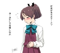 Rule 34 | 1girl, alternate costume, artist logo, blush, brown eyes, brown hair, commentary request, cosplay, cowboy shot, dress, flying sweatdrops, halterneck, hand on own stomach, kantai collection, long sleeves, looking to the side, minazuki tsuyuha, parted lips, pleated dress, ponytail, pun, purple dress, school uniform, shikinami (kancolle), shirt, short hair, simple background, solo, translation request, upper body, white background, white shirt, yuugumo (kancolle) (cosplay), yuugumo (kancolle)