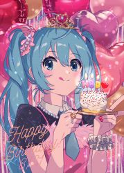 Rule 34 | 1girl, :q, ahoge, balloon, black shirt, blue eyes, blue hair, blue necktie, cake, closed mouth, collared shirt, commentary, dated, dress, food, hands up, happy birthday, hatsune miku, heart balloon, highres, kise (swimmt), long hair, nail polish, necktie, pink dress, puffy short sleeves, puffy sleeves, red nails, shirt, short necktie, short sleeves, sleeveless, sleeveless dress, smile, solo, tiara, tongue, tongue out, twintails, upper body, vocaloid, wrist cuffs