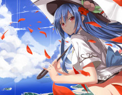 Rule 34 | 1girl, blue hair, blue sky, bottomless, cloud, day, flower, food, fruit, hair flower, hair ornament, hat, hinanawi tenshi, island, long hair, looking at viewer, looking back, neropaso, parasol, peach, petals, red eyes, shirt, short sleeves, sky, smile, solo, touhou, umbrella, water