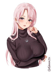 Rule 34 | 1girl, alternate costume, anchor necklace, blush, breast hold, breast rest, breasts, brown sweater, cropped torso, dress, ebifurya, hair between eyes, halterneck, highres, jewelry, kantai collection, large breasts, lips, long hair, long sleeves, looking at viewer, luigi di savoia duca degli abruzzi (kancolle), necklace, one-hour drawing challenge, parted bangs, parted lips, pink eyes, pink hair, ribbed sweater, simple background, solo, sweater, sweater dress, turtleneck, turtleneck sweater, twitter username, upper body, white background