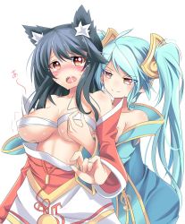 Rule 34 | 2girls, ^^^, ahri (league of legends), animal ears, aqua hair, artist request, bandages, black hair, blush, breasts, covered erect nipples, cowboy shot, facial mark, fox ears, groping, highres, korean clothes, large breasts, league of legends, multiple girls, nipple stimulation, nipple tweak, off shoulder, open mouth, saliva, sarashi, simple background, smile, sona (league of legends), twintails, underboob, whisker markings, white background, yuri