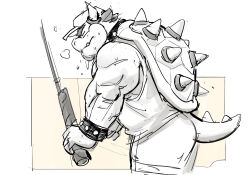 Rule 34 | 0rang3, 1boy, bara, baseball cap, bowser, bracelet, closed eyes, collar, exercising, facial hair, furry, furry male, goatee, gym shorts, hat, highres, horns, jewelry, male focus, mario (series), muscular, muscular male, nintendo, partially colored, shorts, sketch, solo, spiked bracelet, spiked collar, spiked shell, spiked tail, spikes, sweat, tail, tank top, thick eyebrows, triceps