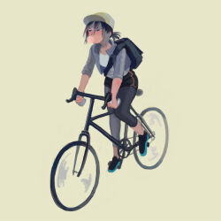 Rule 34 | 1girl, backpack, bag, baseball cap, bicycle, bike shorts, black bag, black footwear, blowing bubbles, character request, commentary request, copyright request, frown, full body, grey hair, grey jacket, grey leggings, hat, jacket, leggings, riding, riding bicycle, shirt, shoes, simple background, sleeves rolled up, sneakers, sokoko, solo, white shirt, yellow background