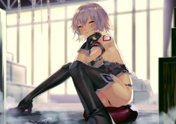 Rule 34 | 1girl, areola slip, areolae, armpit crease, ass, bangs, black footwear, black gloves, black legwear, boots, closed mouth, commentary, eredhen, eyebrows visible through hair, fate/apocrypha, fate/grand order, fate (series), fingerless gloves, gloves, green eyes, high heel boots, high heels, highres, indoors, jack the ripper (fate/apocrypha), looking at viewer, narrowed eyes, naughty face, pulled by self, revealing clothes, scar, scar across eye, shirt pull, short hair, sidelocks, silver hair, sitting, smile, solo, sweat, tattoo, thigh boots, thighhighs