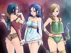 Rule 34 | 3girls, adapted costume, alcohol, bianca (dq5), blue eyes, blue hair, bow (weapon), braid, braided updo, breasts, cleavage, clothes pull, cup, dragon quest, dragon quest heroes, dragon quest ix, dragon quest v, dress, dress pull, drinking glass, earrings, elbow gloves, flora (dq5), gloves, hair ribbon, half updo, hayakawa pao, jewelry, long hair, looking at viewer, multiple girls, nail polish, navel, ponytail, ribbon, ruida, thighhighs, wand, weapon, white dress, white gloves, wine, wine glass