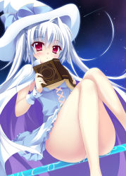 Rule 34 | 1girl, blue dress, book, dress, eyebrows, hat, highres, holding, holding book, long hair, looking at viewer, million arthur (series), nora (otome70121), panties, pantyshot, red eyes, silver hair, sitting, solo, underwear, white hat, white panties, witch hat, wrist cuffs