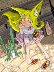Rule 34 | 1girl, animal ears, bag, barefoot, bench, between toes, blonde hair, blush, bright pupils, burger, child, commentary request, creature, cup, day, doitsuken, dragon, dress, drinking, drinking straw, eating, feet, female focus, food, food in mouth, fox child (doitsuken), fox tail, from above, hand up, highres, lettuce, looking at viewer, looking up, matching hair/eyes, messy, multiple tails, neck ribbon, no socks, original, outdoors, red ribbon, ribbon, sandals, unworn sandals, shoe dangle, short eyebrows, short hair, short sleeves, sitting, tail, thick eyebrows, thumb sucking, toes, tomato, two tails, white dress, yellow eyes