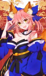 Rule 34 | 1girl, animal ear fluff, animal ears, bare shoulders, blue kimono, blue ribbon, breasts, collarbone, detached sleeves, fang, fate/extella, fate/extra, fate/grand order, fate (series), flower, fox ears, fox girl, fox shadow puppet, fox tail, hair ribbon, highres, hio141, japanese clothes, kimono, large breasts, nail polish, open mouth, pink hair, ribbon, tail, tamamo (fate), tamamo no mae (fate/extra), yellow eyes