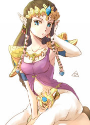 Rule 34 | 1girl, bad id, bad pixiv id, blue eyes, breasts, brown hair, circlet, commentary request, earrings, gloves, head tilt, headpiece, jewelry, long hair, looking at viewer, medium breasts, nintendo, pointy ears, princess zelda, saiba (henrietta), shoulder pads, simple background, sitting, solo, the legend of zelda, the legend of zelda: twilight princess, tiara, white background