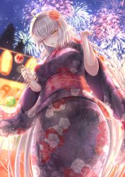 Rule 34 | 1girl, absurdres, ahoge, blush, breasts, candy apple, fate/grand order, fate (series), festival, fireworks, flower, food, food stand, from below, hair flower, hair ornament, highres, huge filesize, japanese clothes, jeanne d&#039;arc (fate), jeanne d&#039;arc alter (avenger) (fate), jeanne d&#039;arc alter (fate), kimono, large breasts, long hair, mask, mask on head, night, one eye closed, penguintake, solo, white hair, wide sleeves, yellow eyes, yukata