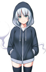 Rule 34 | 1girl, alternate costume, black jacket, black thighhighs, blush, casual, closed mouth, contemporary, cowboy shot, drawstring, green eyes, hands in pockets, highres, hitodama, hood, hood up, hooded jacket, jacket, konpaku youmu, konpaku youmu (ghost), long sleeves, looking at viewer, nori tamago, pink lips, short hair, silver hair, simple background, smile, solo, thighhighs, thighs, touhou, white background, zettai ryouiki