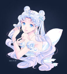 Rule 34 | 1girl, 2021, bare shoulders, bishoujo senshi sailor moon, blue background, blue eyes, bracelet, crescent, crescent facial mark, dated, detached sleeves, double bun, dress, earrings, facial mark, flower, forehead mark, hair bun, hair flower, hair ornament, jewelry, long hair, looking at viewer, neo queen serenity, open mouth, parted bangs, pearl bracelet, purple hair, rose, saki (hxaxcxk), simple background, smile, solo, strapless, strapless dress, tiara, tsukino usagi, twintails, upper body, white flower, white rose