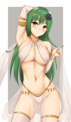 Rule 34 | 1girl, arcie albano, arm behind head, armlet, bracelet, breasts, circlet, commentary request, dancer, detached sleeves, flower, green hair, hair flower, hair ornament, harem outfit, highres, jewelry, long hair, looking at viewer, matsudaira motoyasu, medium breasts, mixed-language commentary, navel, oda nobuna no yabou, pelvic curtain, revealing clothes, see-through, shawl, solo, thighlet, yellow eyes
