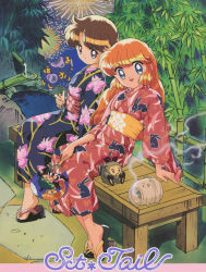 Rule 34 | 1990s (style), 2girls, absurdres, animal print, bamboo, bench, blue eyes, brown hair, character print, fireworks, floral print, hand fan, haneoka meimi, highres, holding, holding fan, japanese clothes, kaitou saint tail, kimono, long hair, long sleeves, mimori seira, multiple girls, non-web source, official art, on bench, open mouth, orange hair, outdoors, purple eyes, rabbit print, retro artstyle, ruby (kaitou saint tail), saint tail, sandals, scan, short hair, sitting, smile