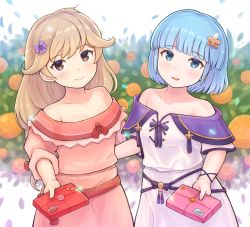 Rule 34 | 2girls, alternate costume, alternate hairstyle, bare shoulders, blue eyes, blue hair, blush, bow, box, box of chocolates, breasts, brown eyes, brown hair, chocolate, cleavage, collarbone, faye (fire emblem), fire emblem, fire emblem echoes: shadows of valentia, fire emblem heroes, flower, food, fruit, gift, gift box, hair flower, hair ornament, highres, holding, holding box, holding gift, kutabireta neko, long hair, looking at viewer, multiple girls, nintendo, off shoulder, official alternate costume, open mouth, orange (fruit), plant, ribbon, short hair, short sleeves, silque (fire emblem), smile, valentine