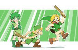 Rule 34 | 1girl, 2boys, angry, belt, blonde hair, blue eyes, blush, boots, briefs, chasing, child, clothes lift, club (weapon), covering own mouth, dress, fighting, fleeing, giggling, green eyes, green footwear, green hair, grin, hairband, hand over mouth, hand over own mouth, hat, kokiri, link, male underwear, mido (the legend of zelda), mido (zelda), multiple boys, nintendo, pointy ears, saria (zelda), short hair, skirt, skirt lift, smile, stick, the legend of zelda, the legend of zelda: ocarina of time, underwear, upskirt, usikani, weapon, white male underwear, young link