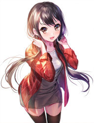 Rule 34 | &gt;:d, 1girl, :d, black thighhighs, blush, brown eyes, brown hair, cowboy shot, esphy, grey skirt, hair over shoulder, hands in hair, idolmaster, idolmaster cinderella girls, jacket, long hair, long sleeves, looking at viewer, low twintails, nakano yuka, open clothes, open jacket, open mouth, red jacket, simple background, skirt, smile, solo, standing, suspender skirt, suspenders, tareme, thighhighs, twintails, v-shaped eyebrows, white background, zettai ryouiki