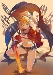Rule 34 | 1girl, blonde hair, blue eyes, boots, commentary request, denim, denim shorts, fate/apocrypha, fate (series), full body, highres, jacket, jewelry, long sleeves, looking at viewer, midriff, mordred (fate), mordred (fate/apocrypha), mordred (memories at trifas) (fate), na na yu ta, navel, necklace, parted lips, ponytail, short shorts, shorts, smile, solo, strapless, sword, teeth, tube top, weapon
