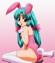 Rule 34 | 1990s (style), 1girl, animal ears, canal vorfeed, fake animal ears, gradient background, leotard, long hair, lost universe, pink background, playboy bunny, rabbit, rabbit ears, rabbit tail, retro artstyle, ribbon, sitting, solo, sugimura tomokazu, tail, thighhighs, twintails, white thighhighs