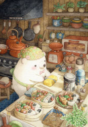 Rule 34 | animal, bear, bento, blush, bow, bowtie, bread, colored pencil (medium), cutting board, egg, food, green theme, highres, holding, holding knife, indoors, kettle, kitchen, kitchen hood, knife, looking away, muted color, no humans, onigiri, original, painting (medium), pink neckwear, pot, roomscape, scissors, shelf, signature, spatula, st.kuma, stove, toaster oven, traditional media, watercolor (medium), weighing scale