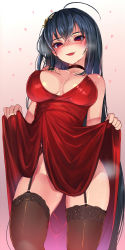 Rule 34 | 1girl, ahoge, akasaai, azur lane, bare shoulders, black garter belt, black hair, black thighhighs, blush, breasts, choker, cleavage, clothes lift, collarbone, covered erect nipples, dress, dress lift, fang, from below, garter belt, garter straps, gradient background, hair between eyes, hair ornament, head tilt, heart, heart-shaped pupils, highres, lace, lace-trimmed legwear, lace trim, large breasts, lifting own clothes, long hair, looking at viewer, looking down, no panties, official alternate costume, parted lips, red choker, red dress, red eyes, smile, solo, standing, sweat, symbol-shaped pupils, taihou (azur lane), taihou (forbidden feast) (azur lane), thighhighs, very long hair