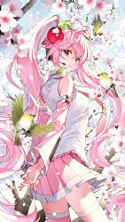 Rule 34 | 1girl, ahoge, arms behind back, bird, cherry blossoms, closed mouth, detached sleeves, fingernails, flower, food-themed hair ornament, from behind, hair ornament, hatsune miku, highres, light brown hair, long hair, looking at viewer, nail polish, nardack, necktie, petals, pink hair, pink nails, pink necktie, pink thighhighs, pleated skirt, red eyes, sakura miku, skirt, smile, solo, thighhighs, thighs, very long hair, vocaloid, zettai ryouiki