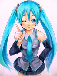 Rule 34 | 1girl, aqua eyes, aqua hair, ascot, bad id, bad pixiv id, detached sleeves, female focus, hand on own hip, hatsune miku, hip focus, kakan (a-game), long hair, necktie, one eye closed, pointing, skirt, smile, solo, twintails, vocaloid, wink