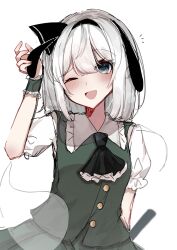 Rule 34 | 1girl, :d, absurdres, ascot, black ascot, black hairband, commentary request, ghost, green eyes, green vest, grey hair, hairband, highres, konpaku youmu, konpaku youmu (ghost), looking at viewer, one eye closed, open mouth, shion 343, short hair, short sleeves, simple background, smile, solo, touhou, upper body, vest, white background, wrist cuffs