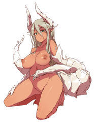 Rule 34 | 1girl, blonde hair, breasts, green eyes, horns, large breasts, looking at viewer, maze (gochama ze gohan), nipples, nude, original, simple background, solo, tail, white background