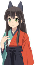 Rule 34 | 1girl, black bow, black hakama, blush, bow, brown hair, closed mouth, commentary request, cowboy shot, cp9a, green eyes, hair bow, hakama, hakama skirt, half updo, hip vent, japanese clothes, kimono, long hair, long sleeves, looking at viewer, meiji schoolgirl uniform, multicolored clothes, multicolored kimono, sidelocks, simple background, skirt, smile, solo, standing, tatsumi kon, urara meirochou, white background, wide sleeves