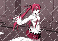 Rule 34 | 1girl, alternate color, chain-link fence, fence, hair ribbon, hatsune miku, long hair, mikaze takashi, necktie, pale skin, red eyes, red hair, ribbon, skirt, solo, twintails, usotsuki no parade (vocaloid), vocaloid