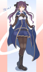Rule 34 | 1girl, arms at sides, assault lily, black footwear, black necktie, black ribbon, blue background, blue cloak, blue skirt, bodystocking, boots, brown gloves, brown pantyhose, character name, cloak, cloak lift, closed mouth, collared shirt, commentary, earrings, elbow gloves, fingerless gloves, full body, gloves, hair ribbon, heel up, high-waist skirt, highres, hishida haru, jewelry, long hair, looking at viewer, miniskirt, multicolored background, necktie, obelisk3, odaiba girls high school uniform, pantyhose, pink background, pleated skirt, purple hair, ribbon, school uniform, shirt, short necktie, skirt, sleeveless, sleeveless shirt, smile, solo, standing, translated, twintails, white shirt, yellow eyes, yellow ribbon