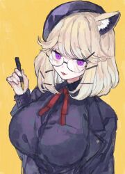 Rule 34 | 1girl, absurdres, animal ear fluff, animal ears, arknights, bad arm, beret, bespectacled, blonde hair, breasts, commentary request, glasses, hand up, hat, highres, holding, holding pencil, jacket, large breasts, pencil, purple jacket, purple shirt, rocb, shirt, short hair, simple background, sketch, solo, upper body, utage (arknights), utage (disguise) (arknights), yellow background