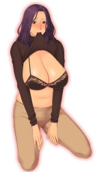 Rule 34 | 1girl, black bra, blush, bra, breasts, brown eyes, clothes lift, highres, huge breasts, kneeling, lace, lace-trimmed bra, lace trim, lingerie, mature female, midriff, mouth hold, navel, purple hair, shiny skin, shirt lift, solo, takasugi kou, underwear
